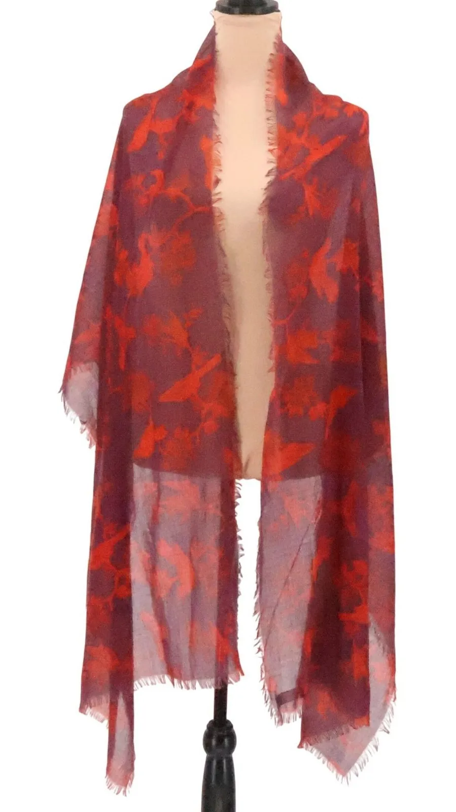 Lands End Floral Bird Print Lightweight Scarf Wrap Shawl Womens Fringe 24x84
