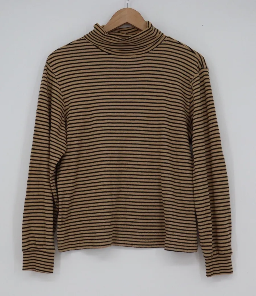 Maxwell Jason Vintage Tan Black Striped Turtleneck Long Sleeve Knit Top Medium