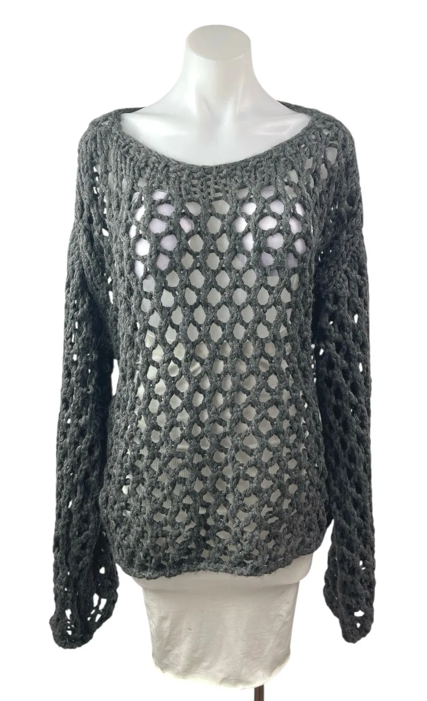 Zara Women's Black Crochet Knit Long Sleeve Sheer Beach Swim Cover Up Top Size L