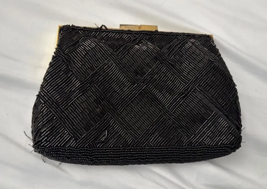 Vintage Marshall Fields Black Beaded Clutch Hand Made Evening Bag Gold Chain