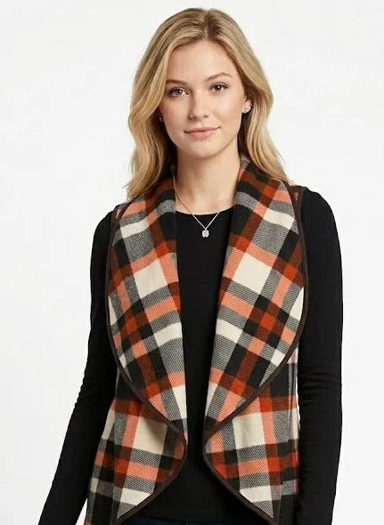 LTX open front knit vest plaid size medium Orange
