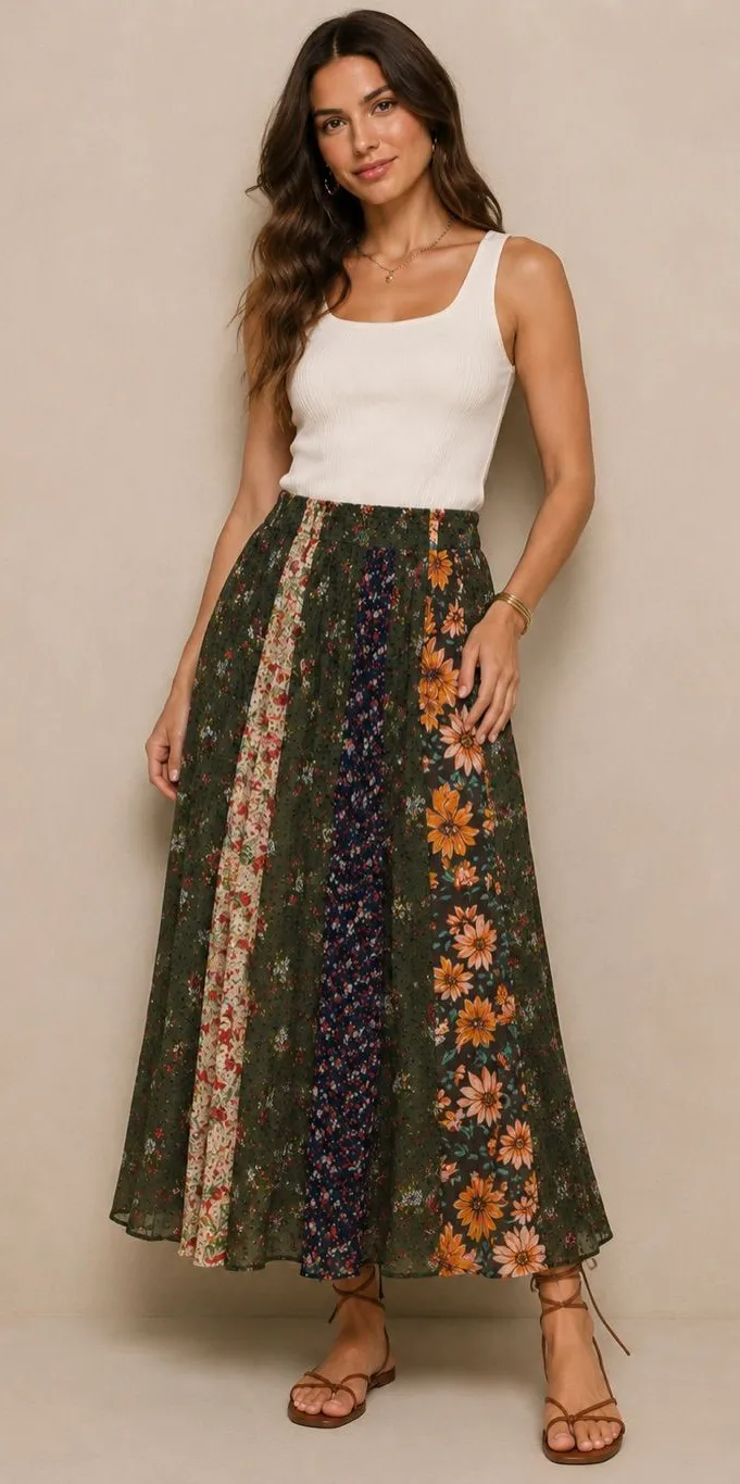 🌿 Farm Rio Mixed Liberty Skirt Small Patchwork Floral Midi 🌿