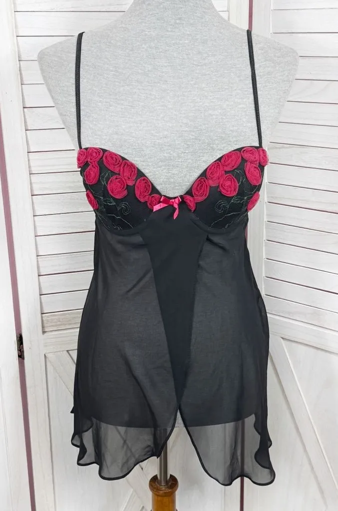 Delicates Rosettes Sheer Chiffon Camisole Babydoll Nightie Black Small