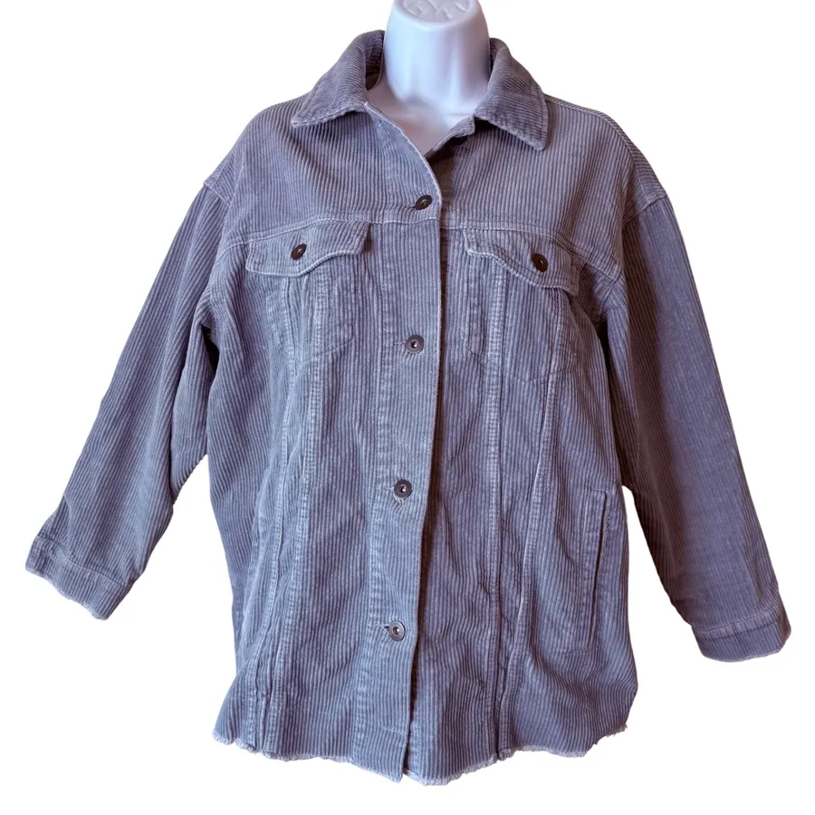 Zara Corduroy Trucker Jacket Women XS Blue Button Front Raw Hem Pockets shacket