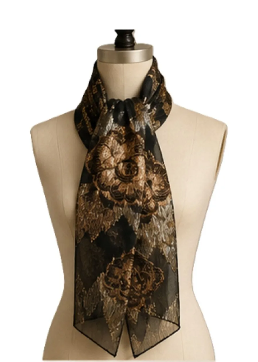 Vintage Black Gold Metallic Floral Lame Scarf 56 x 10 Sheer Polyester Evening