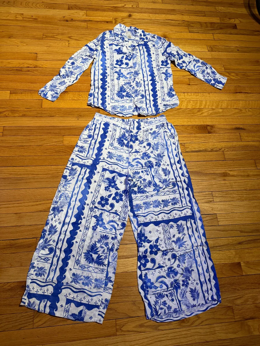 Joie Linen Matching Set Blue/White Floral Two-Piece Pantsuit Coord L/XL coastal