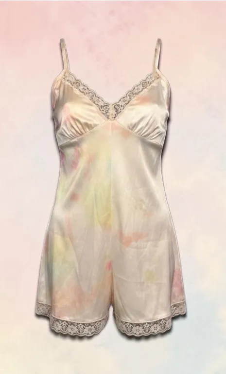 Nasty Gal Satin Tie-dye Lounge Romper with Lace Trim Size 4 Off-White Pastel