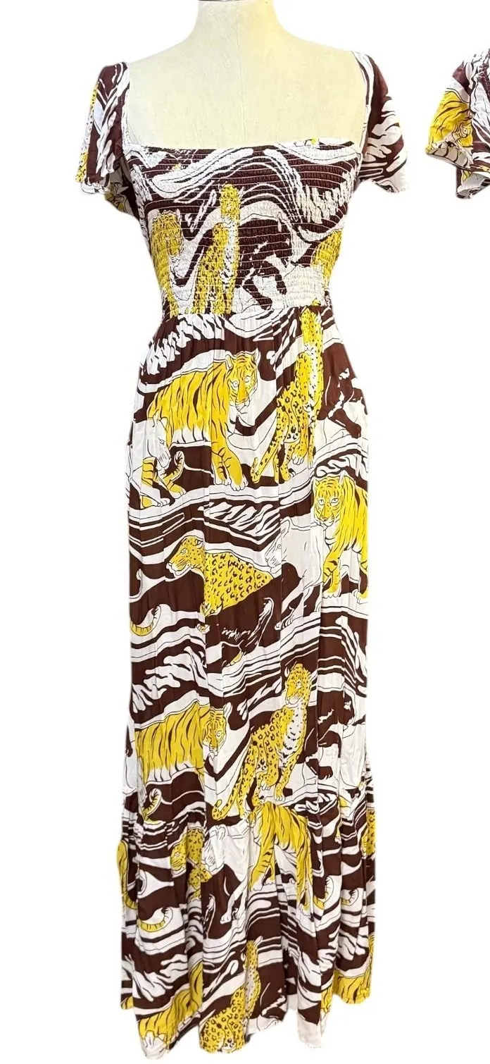 Anthropologie XL Tiger Print Smocked Tiered Maxi Dress Boho Maximalist Resort