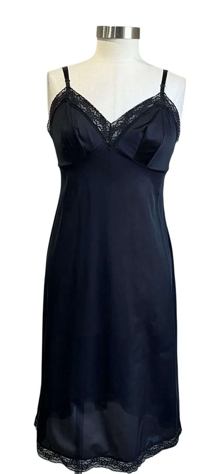 Vintage Vanity Fair 90s Nylon Lace Slip Dress Black Midi Size 36
