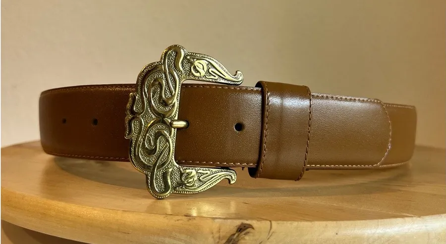 Vintage Liz Claiborne Tan Full Grain Semi Aniline Leather Gold Belt Size Large