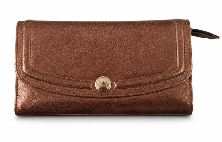 Coach Gallery Metallic Crackle Leather Trifold Snap Wallet