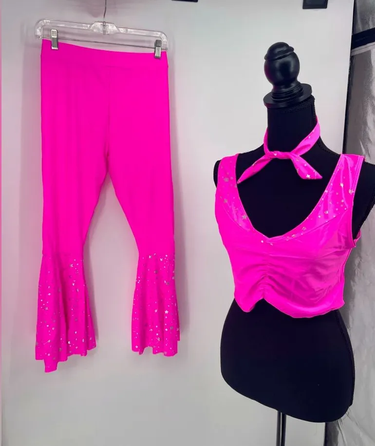 Hot Pink Outfit Set Crop Top Bell Bottoms Star Accents Party Costume Size M