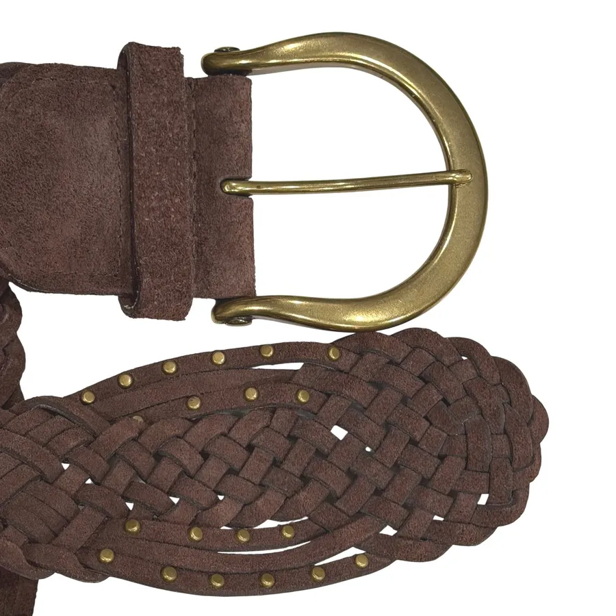 Coldwater Creek Suede Braided Belt Women Brown Brass Buckle Studded Boho Western