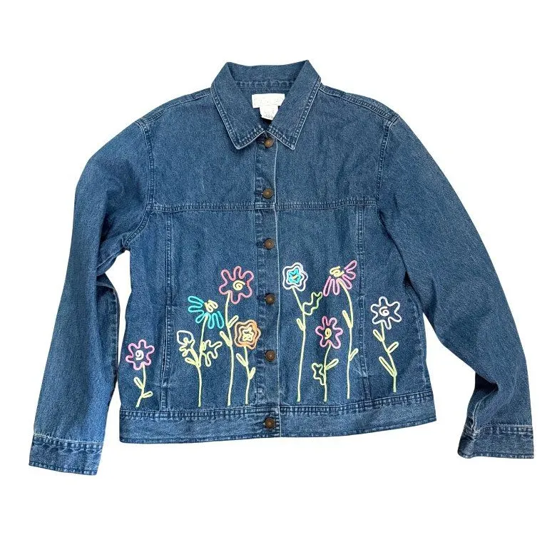 Mandal Bay Floral Denim Jacket L Womens VTG Embroidery Button Front Blue Cotton Size L
