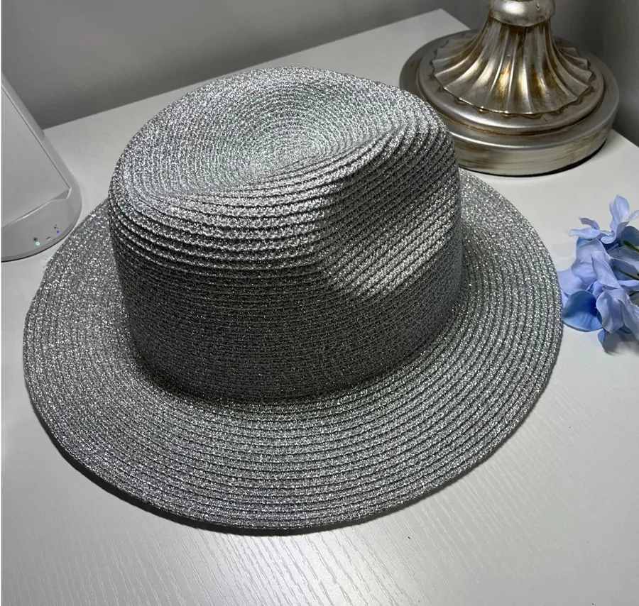 Metallic Silver Woven Straw Fedora Hat Flat Brim Pinched Crown Festival Glam