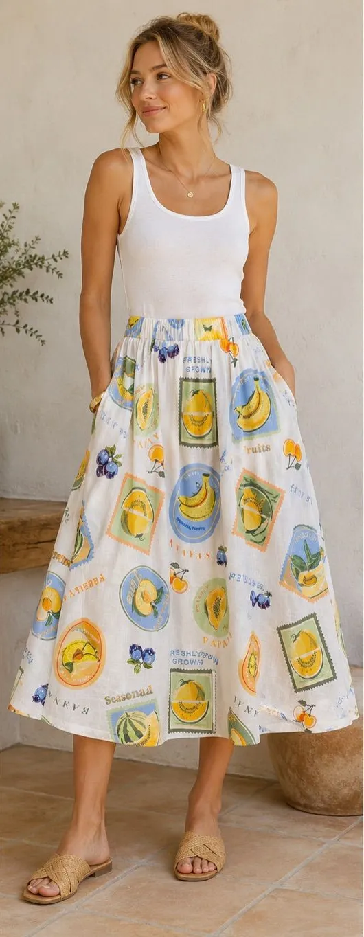 NWT Prosperina Fruit Print Linen Cotton Midi Skirt Medium Cottagecore Summer White