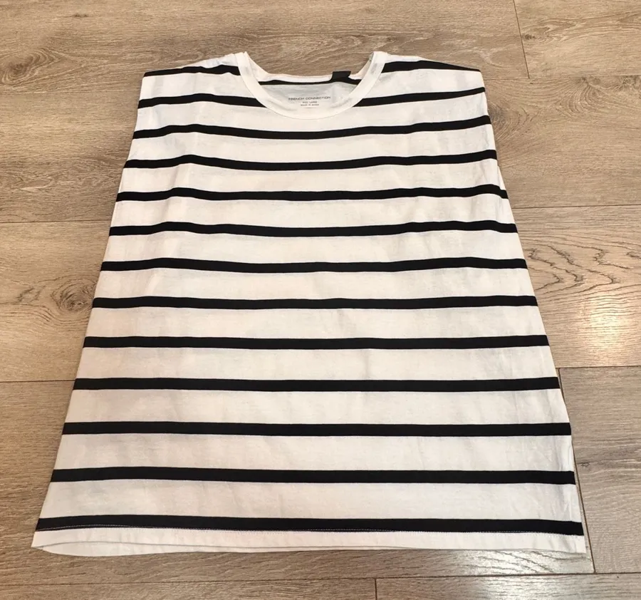 FRENCH CONNECTION Striped T Shirt Top White Black Cotton Classic Boxy Fit Large