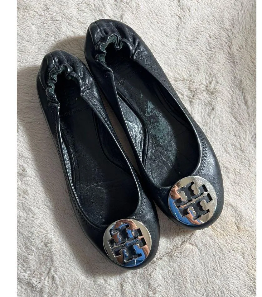 Tory Burch Womens Black Leather Minnie Travel Ballet Flats W/ Logo Medallion