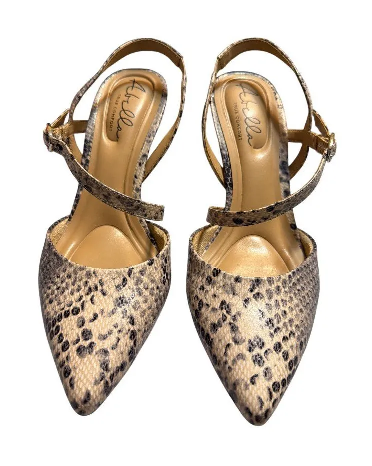 Abella Sapphire Snake Print Slingback Heels Pointed Toe Comfort Kitten Heel Sz 7 Black