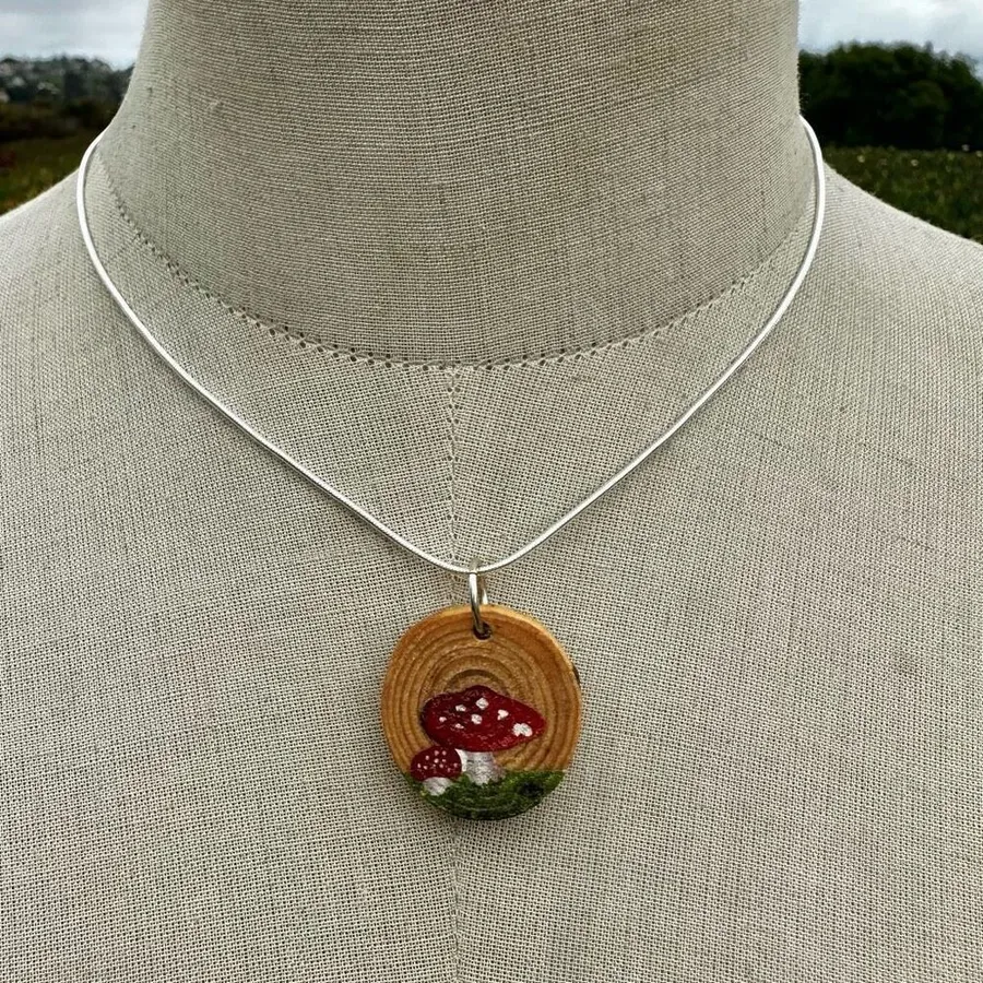 Mushroom wood slice pendant necklace