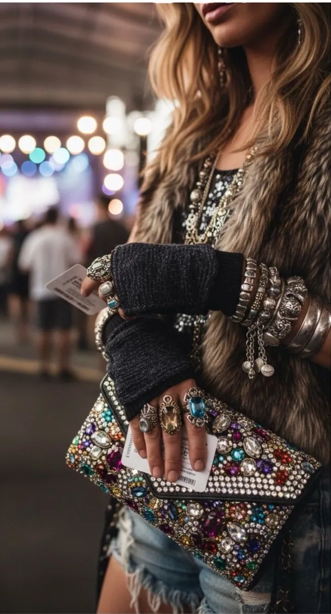 Rare: new Pencey ✵ Fringe Fingerless Gloves ✵ Black Metallic ✵ Edgy Chic Blingy