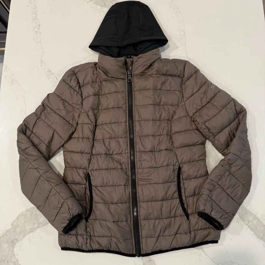 Guess Detachable Hoodie Puffer Jacket Women’s Size Large Taupe Outerwear Casual
