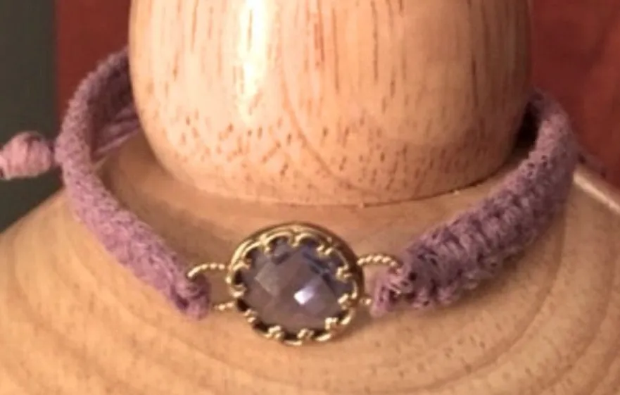 Boho Purple Woven Adjustable Bracelet with Faceted Crystal Charm