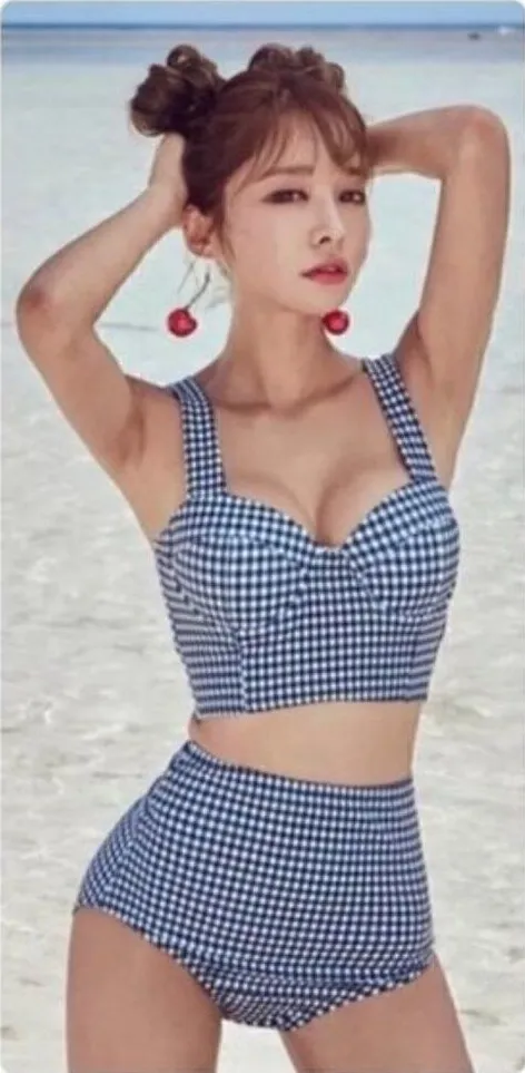 Boutique Aiosnuo Blue Checkered Pinup Swim Top XL
