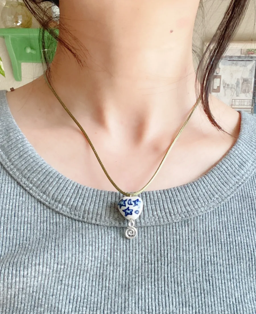 celestial porcelain heart bead & swirl unique boho fairy whimsical necklace🌙🌀🌟