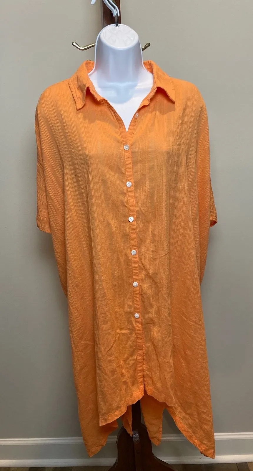 Amiani Orange Cotton Cover Up Stitched Stripes Asymmetrical Hem Buttons One Size Size M