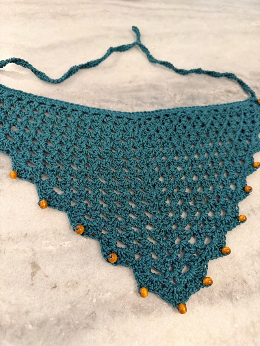 Handmade Crochet Wood Beaded Kerchief Head Scarf Cotton Boho Bandana Cottagecore Blue