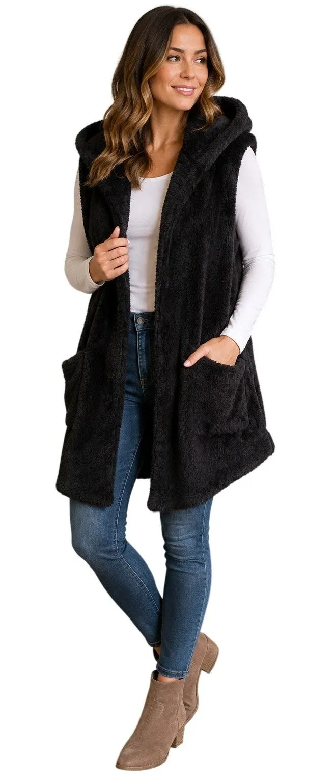 Zenana Outfitters Women’s Fuzzy Hooded Long Vest Size L Black Open Front