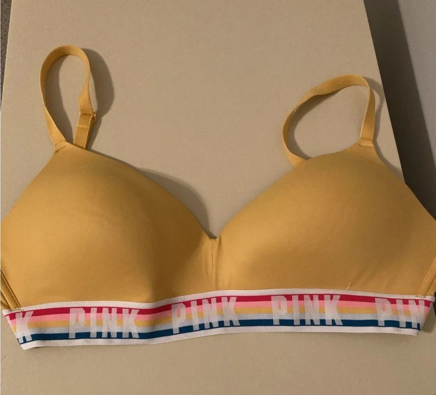 PINK Victoria's Secret Everywhere Push Up Wireless Logo Band Yellow Bra SZ 36D