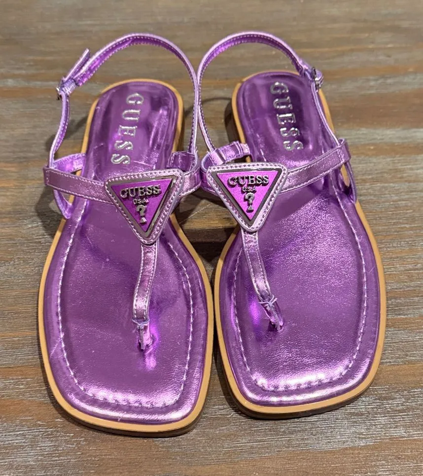 Guess Purple Metallic Logo Sandals Size 6.5 | Y2K Square Toe Thong Flip Flops