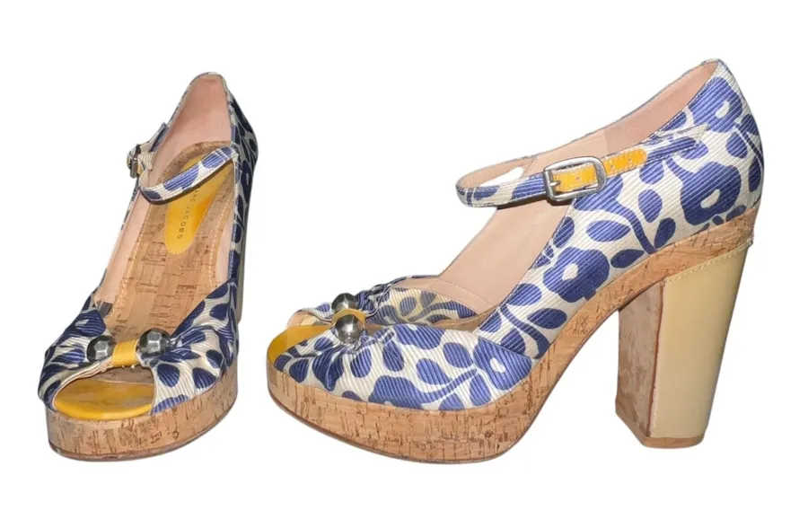 Marc by Marc Jacobs Satin Floral Print Pumps Cork Platform Block Heel Blue 38/8