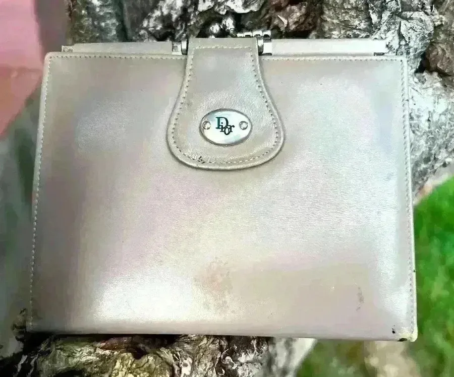 Vintage Christian Dior Coin Purse Kisslock Wallet Gray Bifold Snap Closure