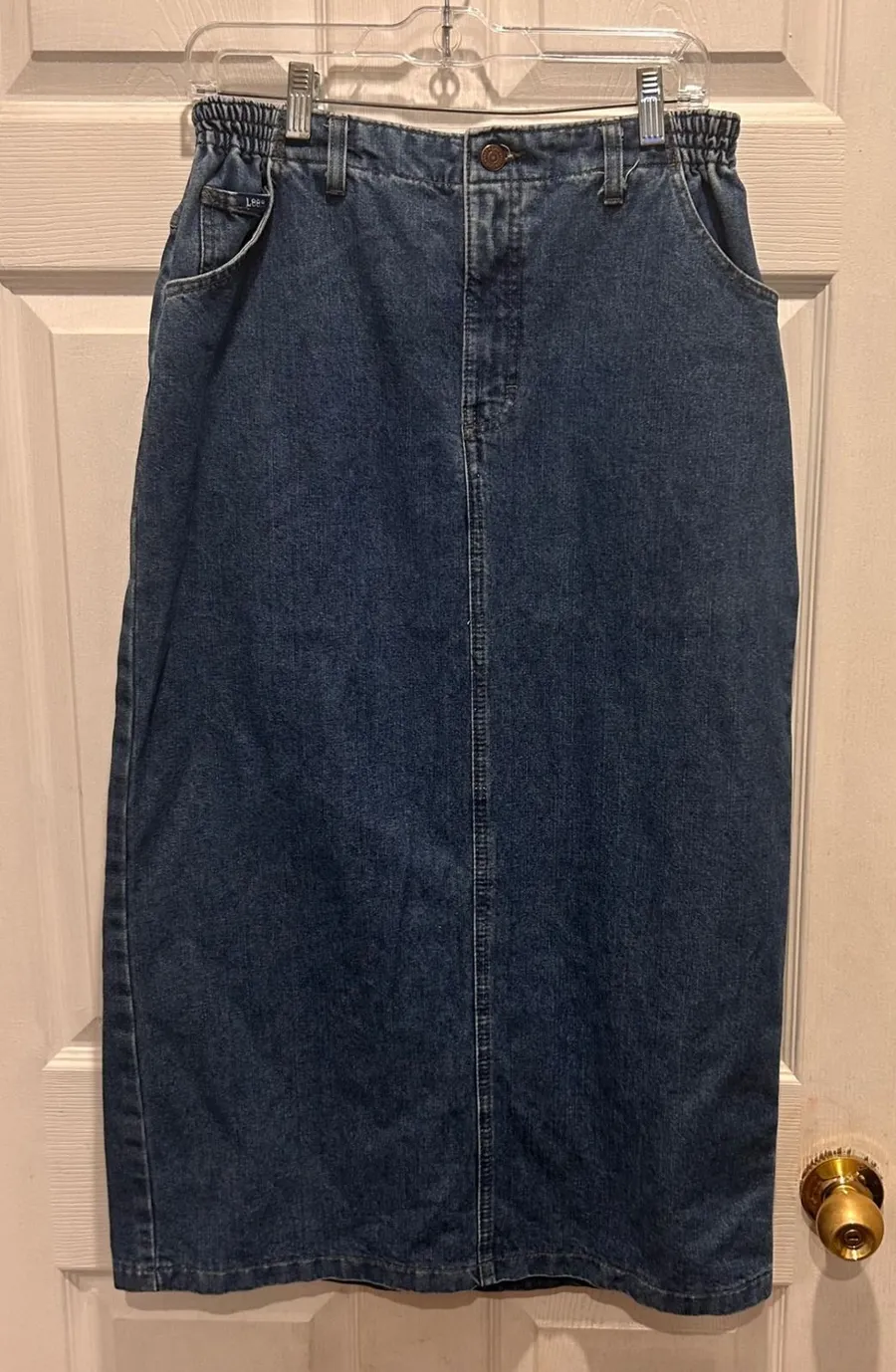 Lee Vintage Womens Medium Wash Denim Maxi Skirt Elastic Waist Large Cottagecore
