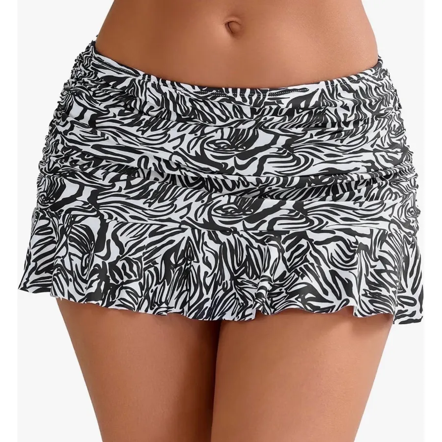 Halcurt Womens Zebra Abstract Ruched Ruffle Swim Skirt Built