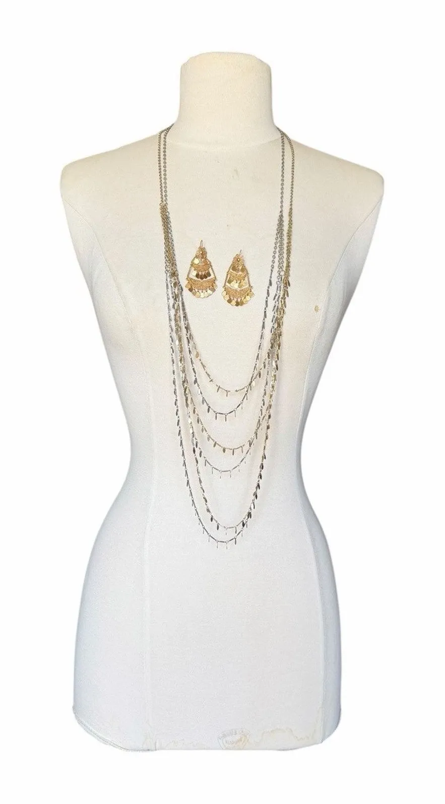 Rachel Signed Layered Multi Strand Necklace Set Gold Silver Mixed Metal Earrings