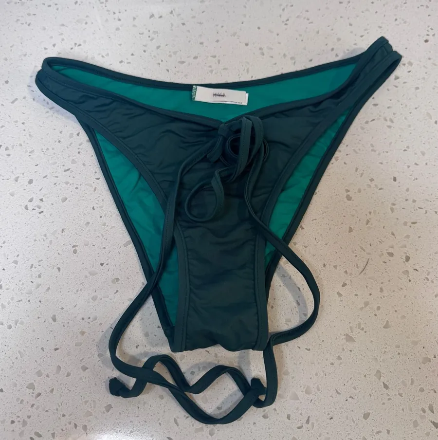 KYA Swim Womens Dark Teal Tie Front Bikini Bottoms Size Medium M Made in USA Green