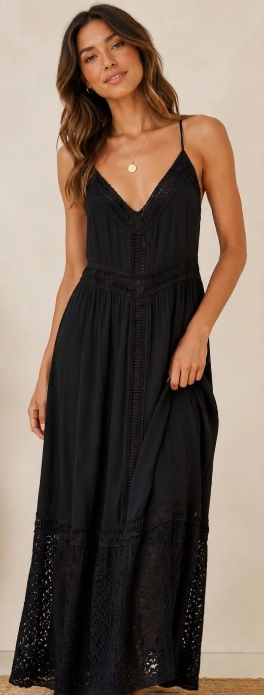 Abercrombie & Fitch Boho Cottagecore Crochet Lace Maxi Dress Black Large