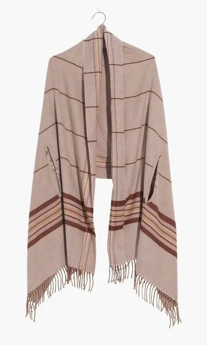 Madewell Placed Plaid Cape Scarf Poncho Fringe Armholes Beige Brown K4535 Preppy