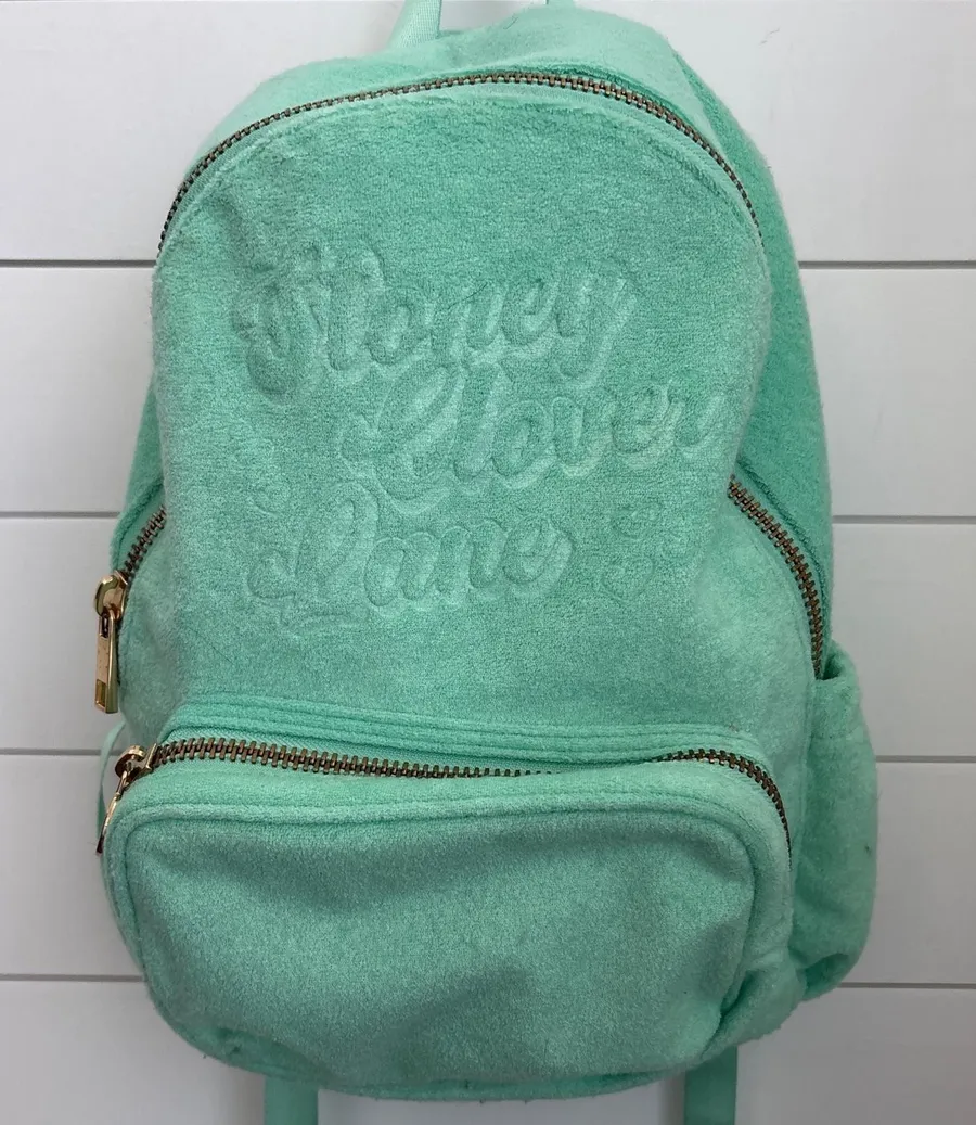 Stoney Clover Lane Velour Backpack Mint Green Gold Zipper Embellished