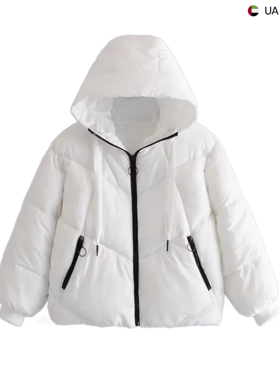 Zara White Hooded Puffer Jacket with Black Zippers