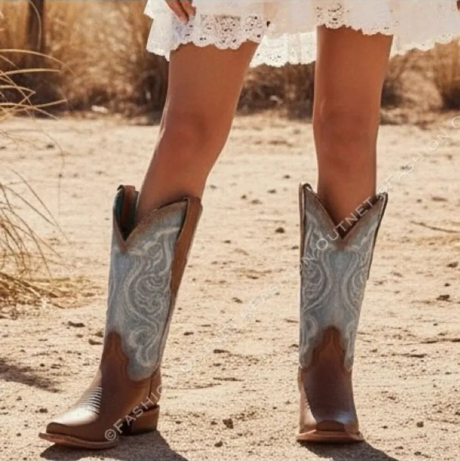 Corral Women's Saddle Cowhide Square Toe Western Boots Denim Embroidery Sz 10 Blue