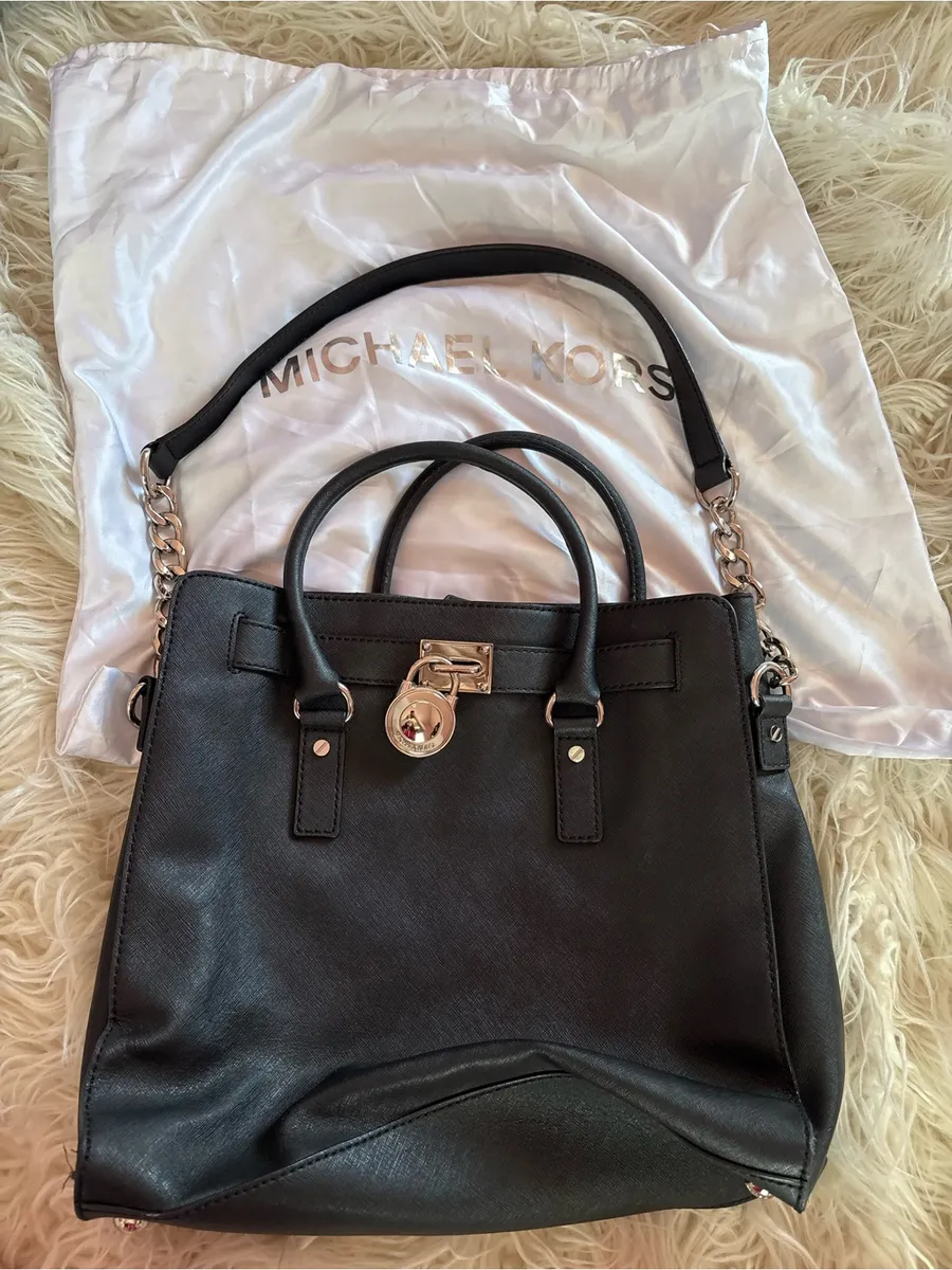 Michael Kors Hamilton Large Saffiano Leather Tote Bag Black Silver Hardware