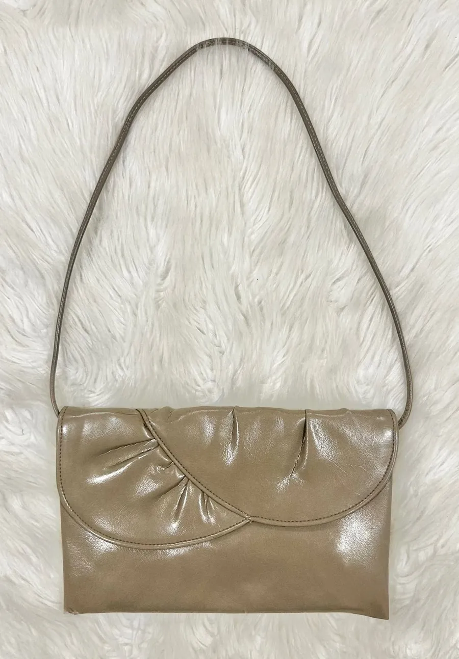 Vintage Taupe Clutch Purse Foldover Flap Shoulder Bag with Mirror Accent Tan