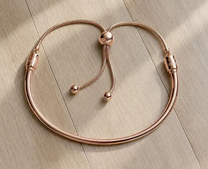 Pandora Rose Flower Stem Slider Bracelet 14k Rose Gold Plated CZ