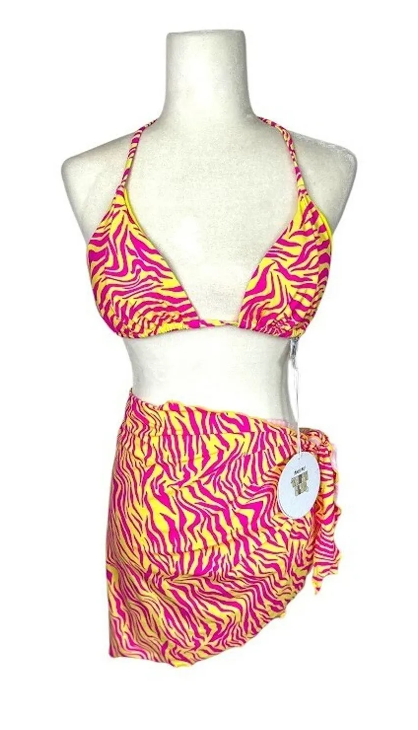 Princess Polly Swim 2 Pc Set Bikini Top Wrap Sarong Skirt Pink Yellow Zebra 10