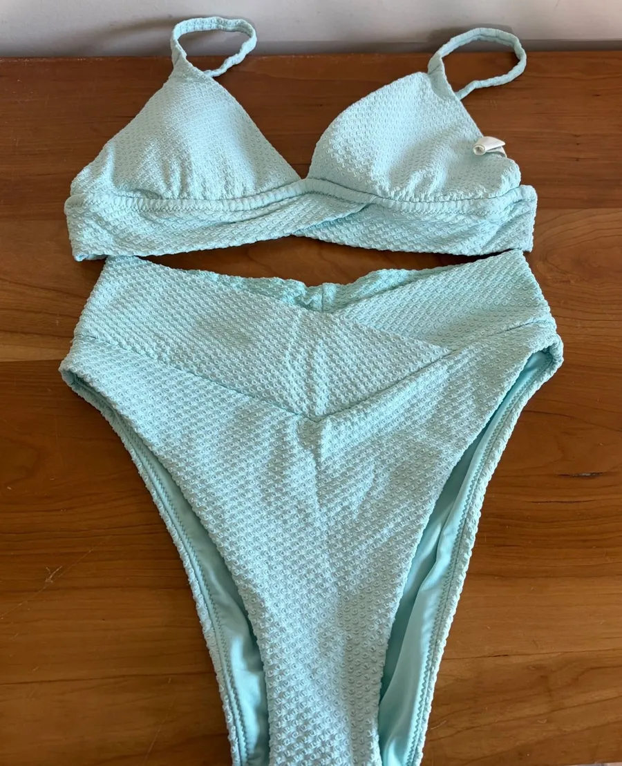 Aerie Real Good Aqua Blue Textured Triangle Bikini Set High Cut Cheeky Small